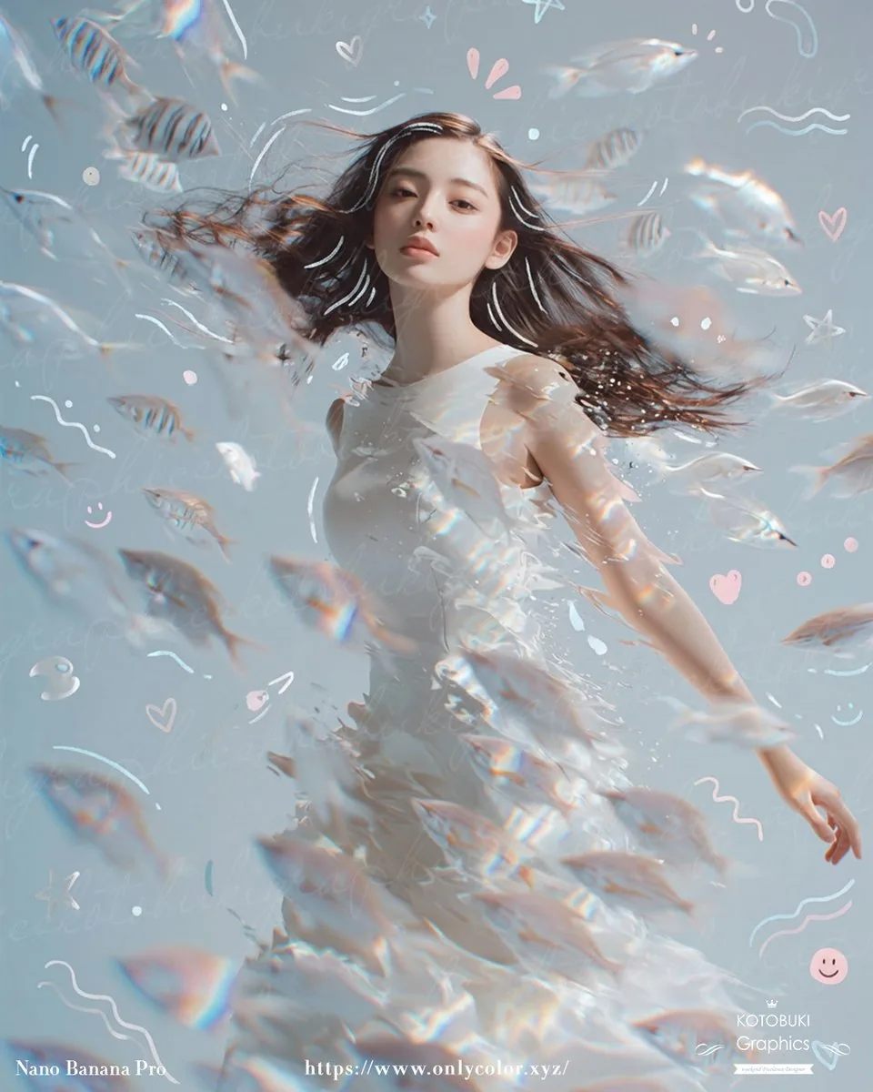梦幻水下女性与半透明鱼