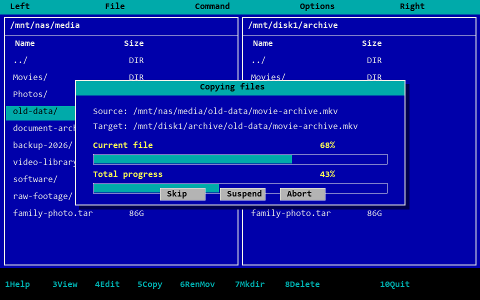 Ejemplo de progreso de copia en Midnight Commander