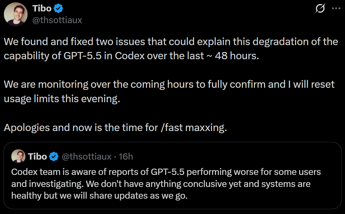Codex usage limits のリセットについて説明する Tibo のスクリーンショット